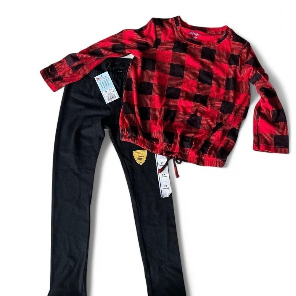Cat & Jack Girls Red Plaid Sleeve Drawstring Shirt 4/5 & NWT black leggings 5T - Picture 2 of 3